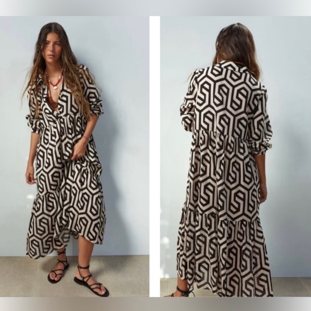 ZARA NEW WOMAN RUFFLED HEM GEOMETRIC MIDI DRESS BLACK WHITE XS 2183/061